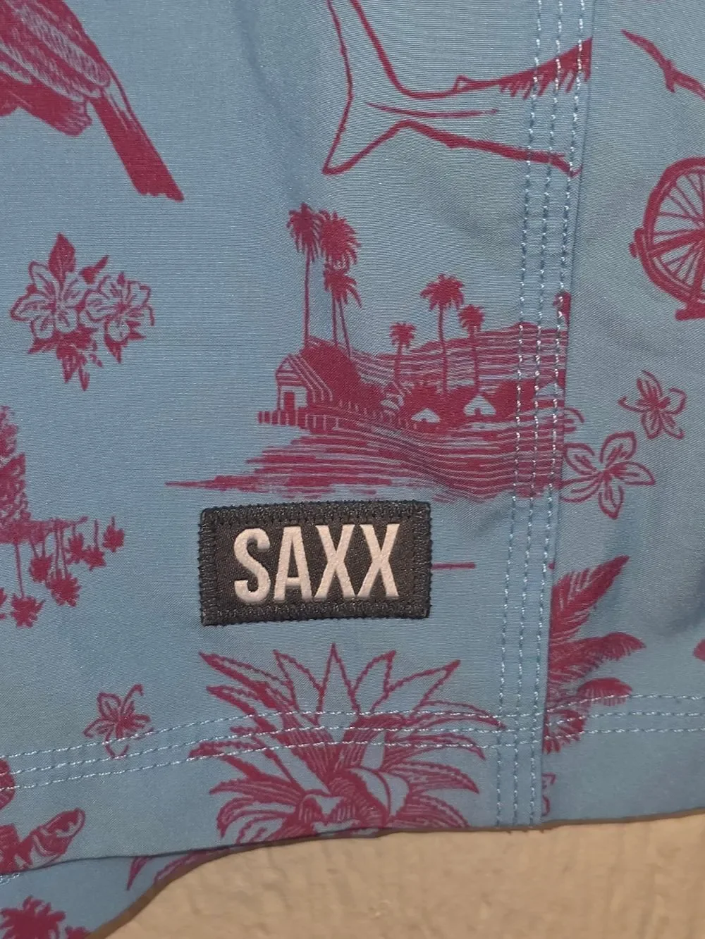 Men's Saxx Light Blue Swim Board Shorts with Pink Print, Size XL
